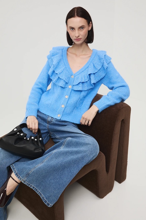 Kardigan damski z domieszką wełny gruba niebieski RW25-SWD907