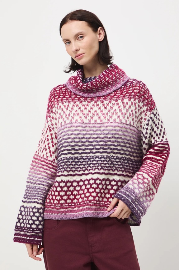 Sweter z domieszką wełny damski żakardowy gruba multicolor RW25-SWD913