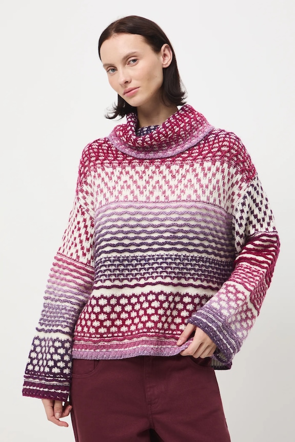 Sweter z domieszką wełny damski żakardowy gruba multicolor RW25-SWD913