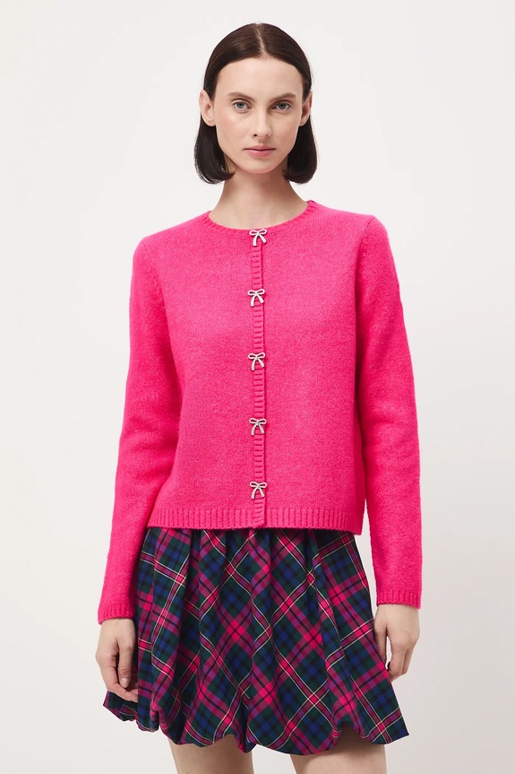 Kardigan z domieszką wełny damski gładki gładkie różowy RW25-SWD916