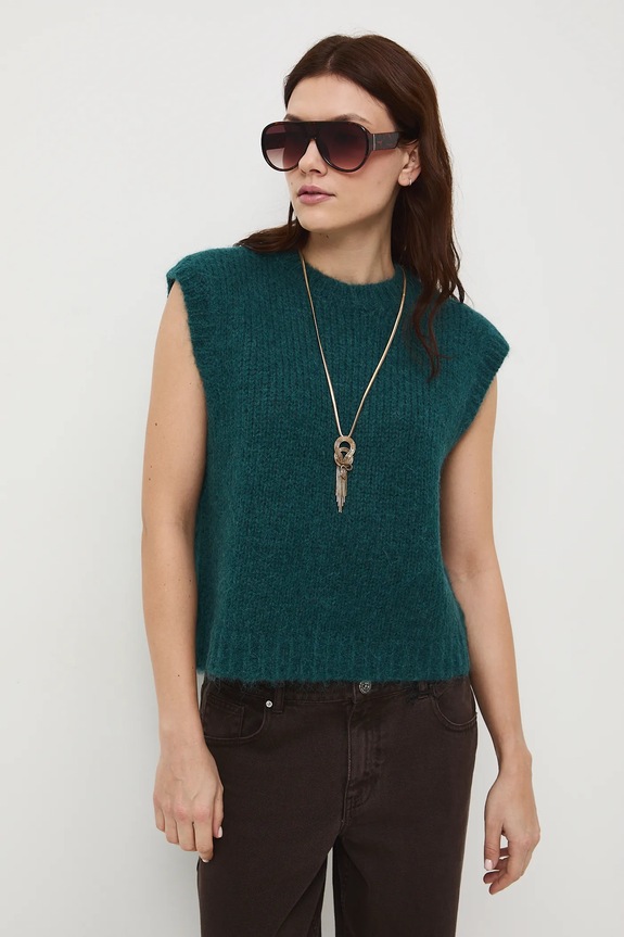 Kamizelka damska z wełną alpaki i wełną owczą turkusowy RW25-SWDC01