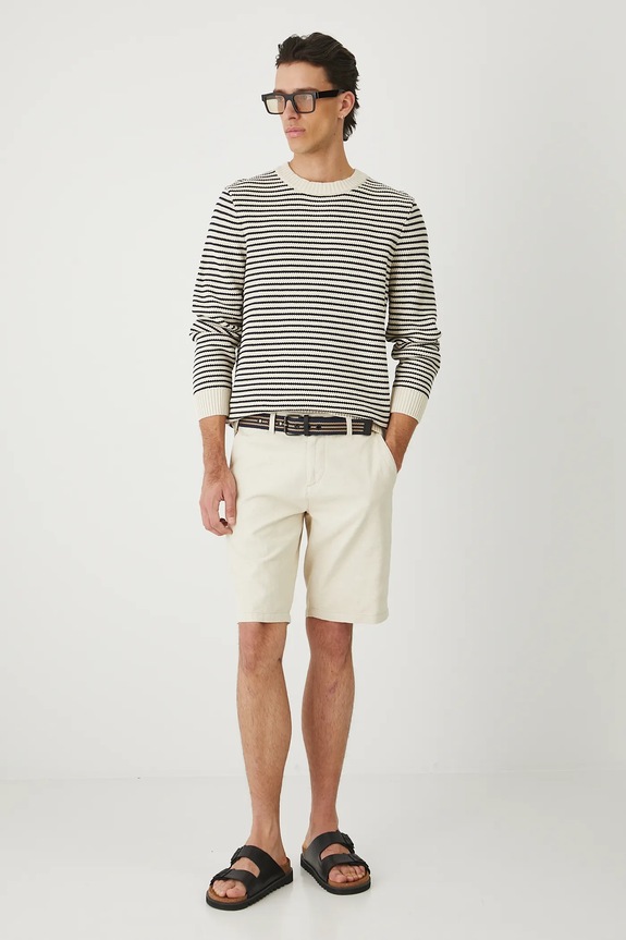 Sweter męski w pasy z wiskozą RW25-SWM100 beżowy RW25