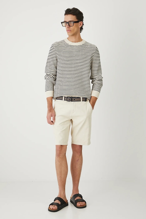 Sweter męski w pasy z wiskozą RW25-SWM100 beżowy RW25