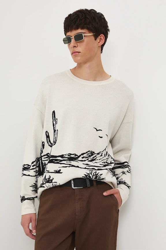 Sweter męski żakardowy wzorzysty średniej grubości beżowy RW25-SWM401