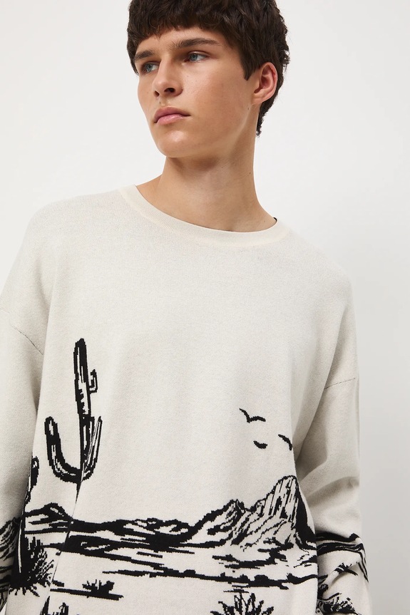Sweter męski żakardowy wzorzysty beżowy RW25-SWM401