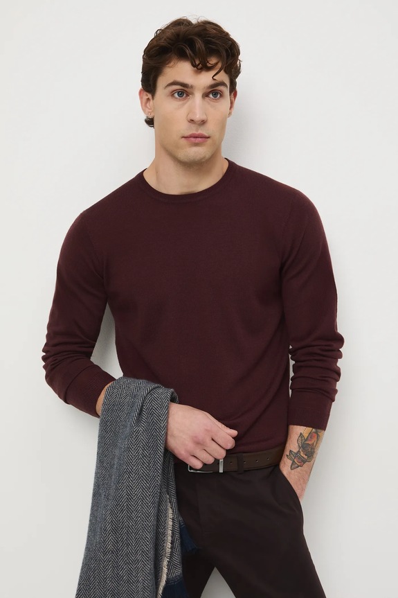 Odzież Sweter z wełny merino gładki RW25-SWM701 brązowy