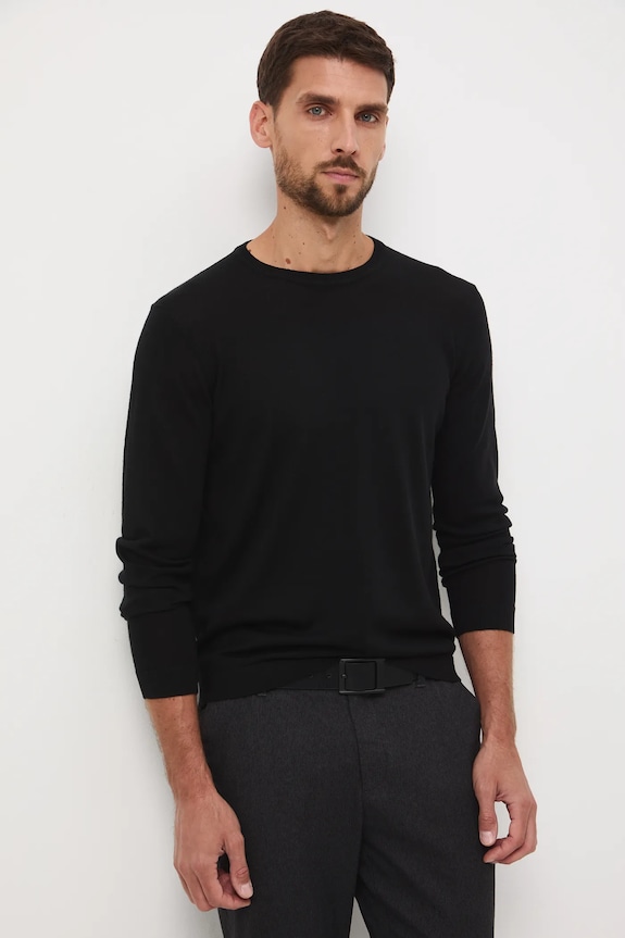 Sweter z wełny merino gładki RW25-SWM701 czarny