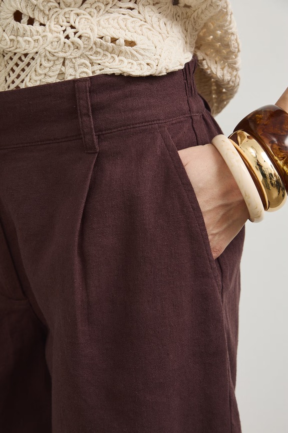 Szorty z lnem damskie brązowy RW25-SZD101