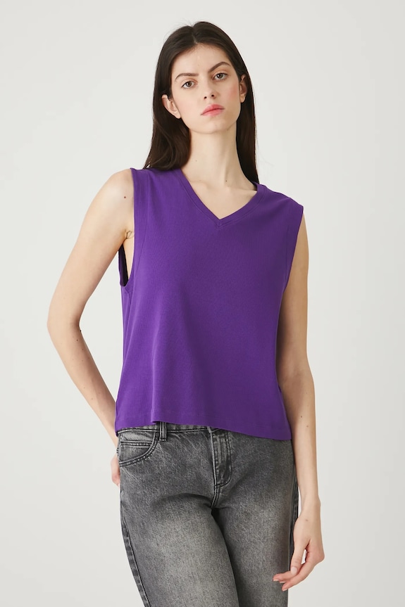 T-shirt bawełniany damski z elastanem prążkowany z elastanem fioletowy RW25-TSD011