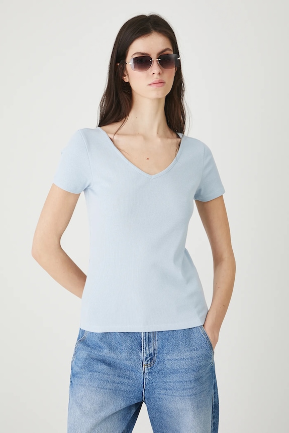 T-shirt bawełniany damski z elastanem prążkowany z elastanem niebieski RW25-TSD012