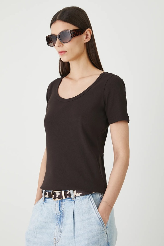 T-shirt bawełniany damski z elastanem prążkowany gładkie brązowy RW25-TSD020