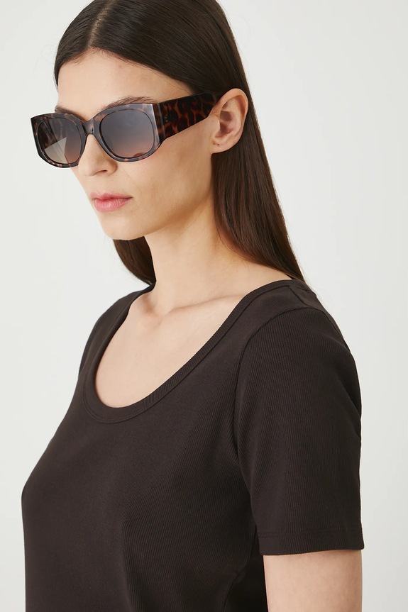 T-shirt bawełniany damski z elastanem prążkowany brązowy RW25-TSD020