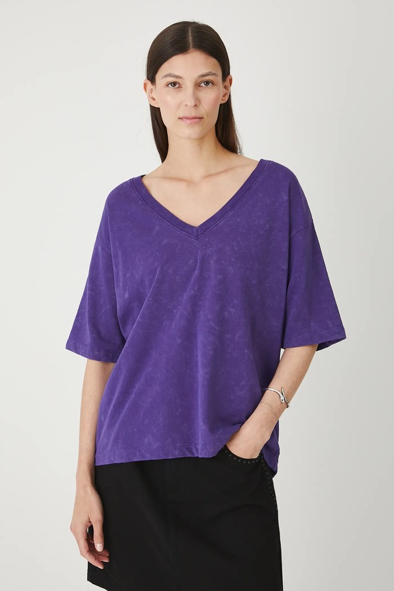 T-shirt bawełniany damski z efektem sprania gładkie fioletowy RW25-TSD021
