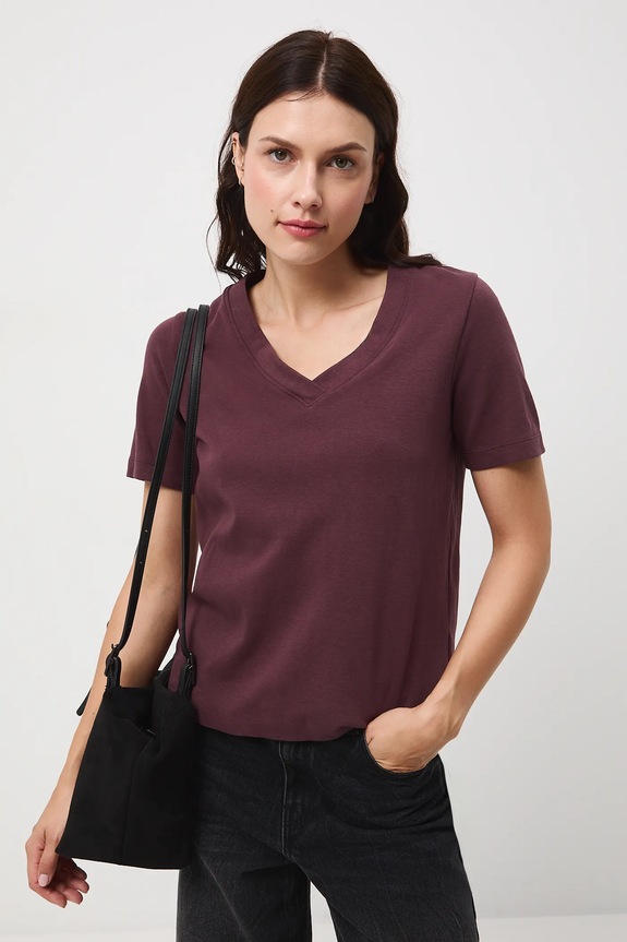 T-shirt bawełniany damski interlock gładki gładkie bordowy RW25-TSD055