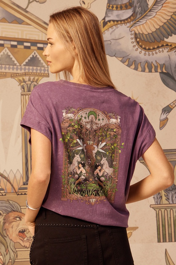 T-shirt bawełniany damski z kolekcji Lands of Legends – Arkadia okrągły fioletowy RW25-TSD252