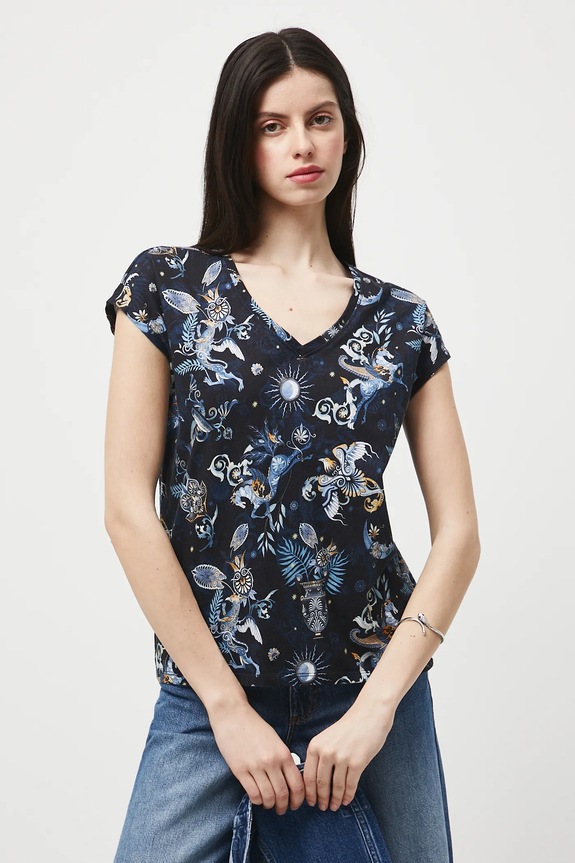 T-shirt bawełniany damski wzorzysty RW25-TSD302 czarny RW25