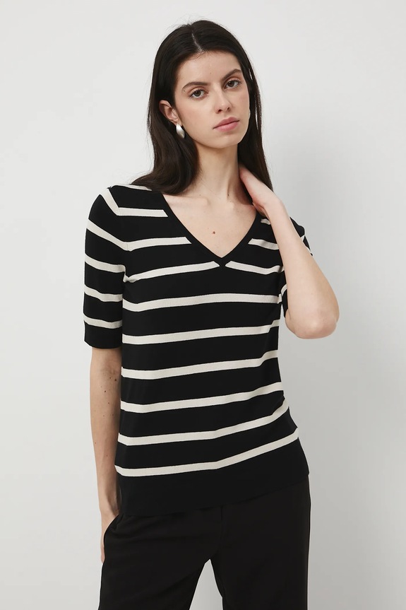 T-shirt damski w pasy szpic czarny RW25-TSD306
