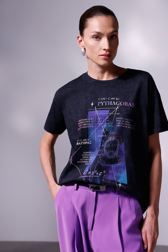 T-shirt bawełniany damski z kolekcji Science – Words of Wisdom okrągły szary RW25-TSD356