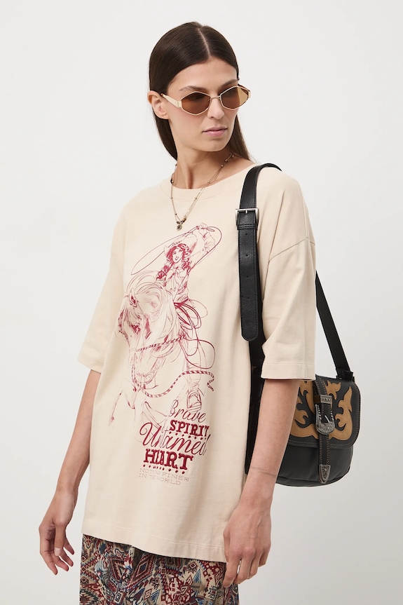T-shirt bawełniany damski oversize z nadrukiem i haftem okrągły beżowy RW25-TSD400