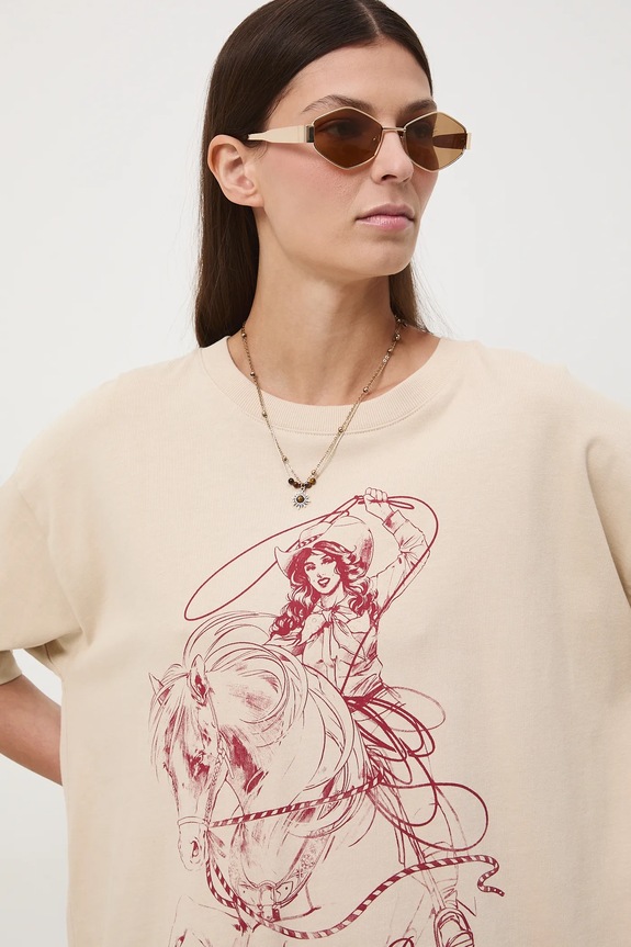 T-shirt bawełniany damski oversize z nadrukiem i haftem beżowy RW25-TSD400