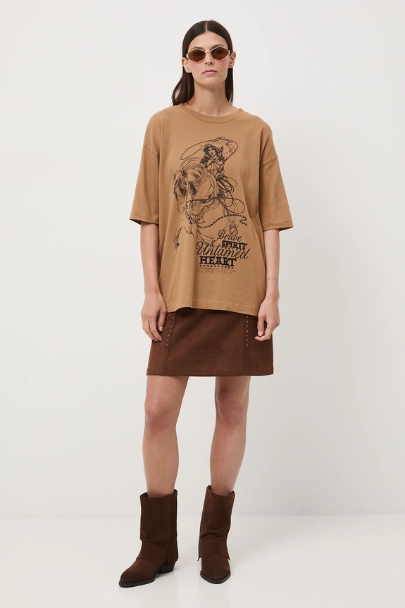 T-shirt bawełniany damski oversize z nadrukiem i haftem okrągły beżowy RW25-TSD400