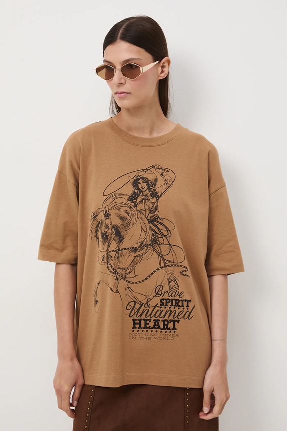 T-shirt bawełniany damski oversize z nadrukiem i haftem RW25-TSD400 beżowy RW25