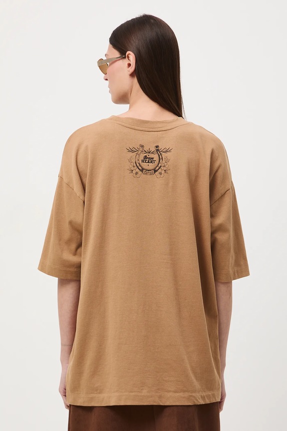 Odzież T-shirt bawełniany damski oversize z nadrukiem i haftem RW25-TSD400 beżowy