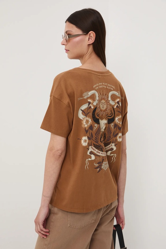 T-shirt bawełniany damski z nadrukiem i haftem bawełna brązowy RW25-TSD401