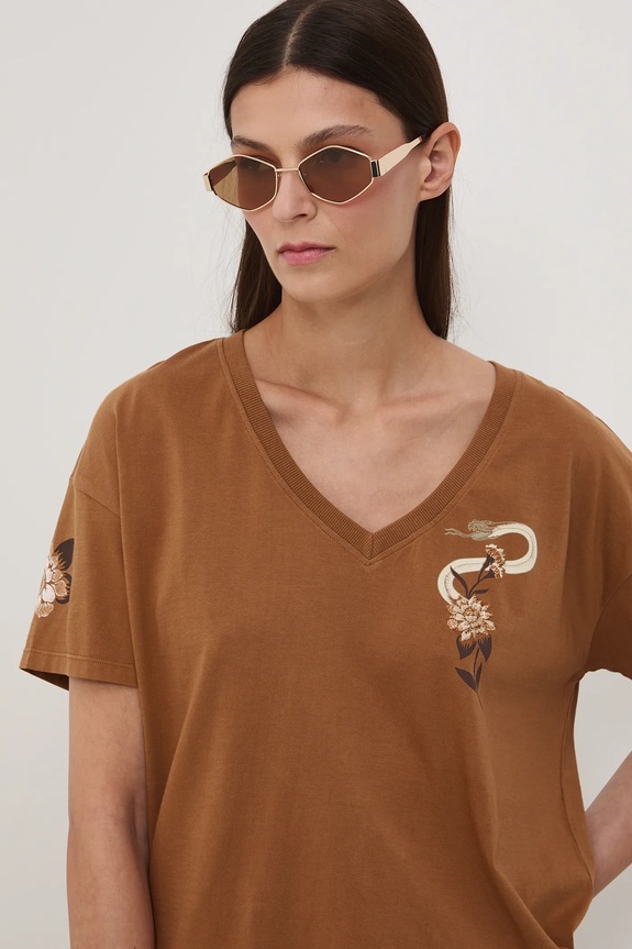 Odzież T-shirt bawełniany damski z nadrukiem i haftem RW25-TSD401 brązowy