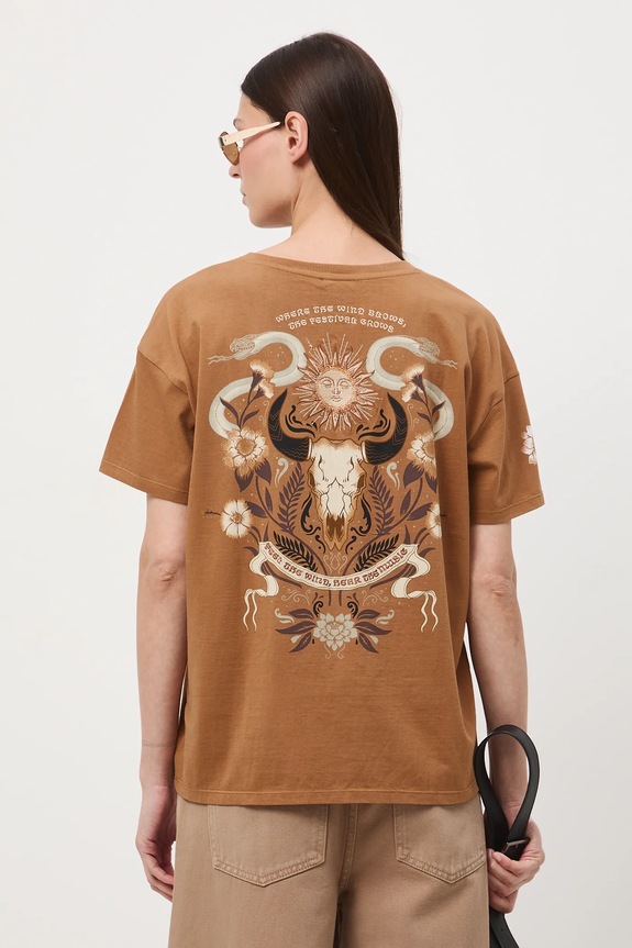 T-shirt bawełniany damski z nadrukiem i haftem brązowy RW25-TSD401