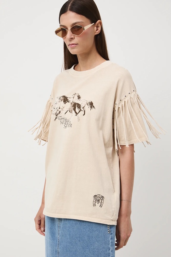 T-shirt bawełniany damski z efektem sprania okrągły beżowy RW25-TSD402