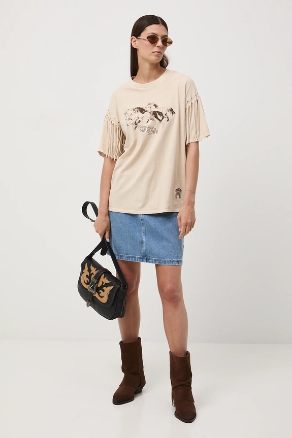 T-shirt bawełniany damski z efektem sprania RW25-TSD402 beżowy RW25