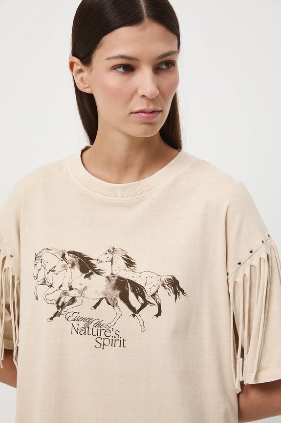 T-shirt bawełniany damski z efektem sprania beżowy RW25-TSD402