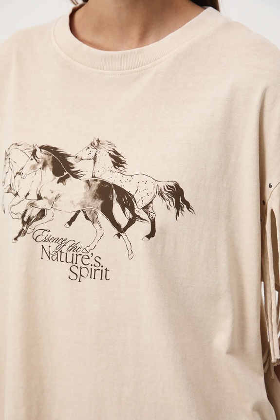T-shirt bawełniany damski z efektem sprania RW25-TSD402 beżowy
