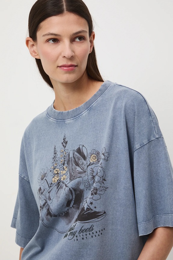 T-shirt bawełniany damski z efektem sprania okrągły niebieski RW25-TSD403