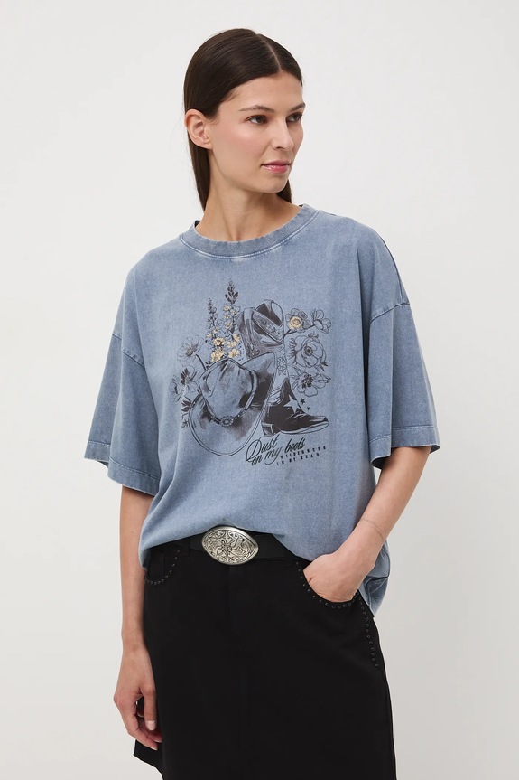 T-shirt bawełniany damski z efektem sprania niebieski RW25-TSD403
