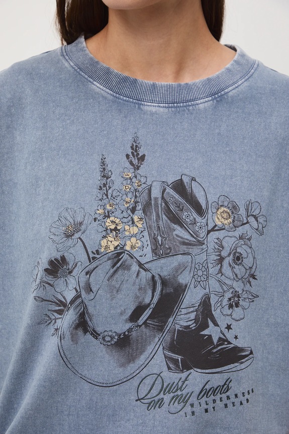 T-shirt bawełniany damski z efektem sprania RW25-TSD403 niebieski