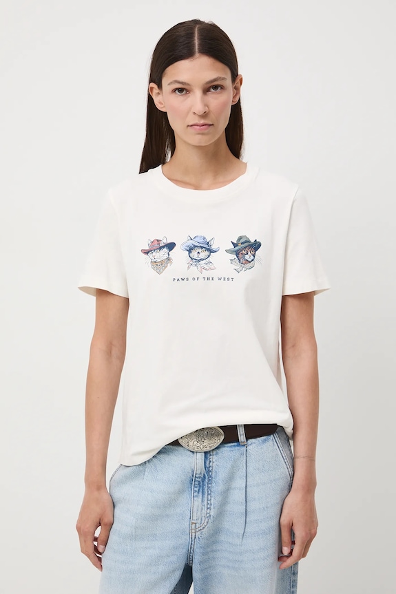 T-shirt bawełniany damski z elastanem z nadrukiem RW25-TSD404 beżowy RW25