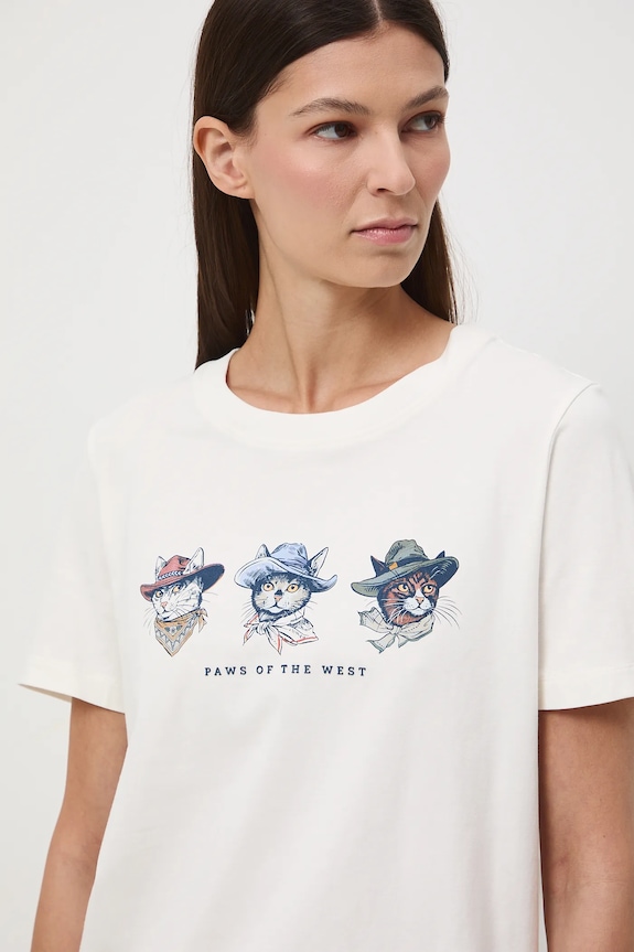 T-shirt bawełniany damski z elastanem z nadrukiem beżowy RW25-TSD404