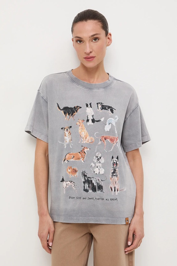 T-shirt bawełniany damski z okazji Dnia Psa – Zofia Różycka x Medicine okrągły szary RW25-TSD450