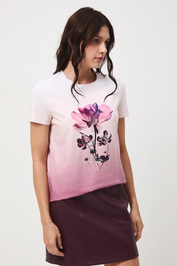 T-shirt bawełniany damski z elastanem z nadrukiem okrągły różowy RW25-TSD503