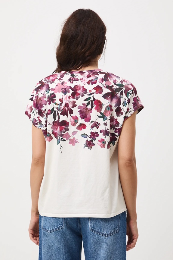 Odzież T-shirt bawełniany damski z elastanem w kwiaty RW25-TSD504 beżowy