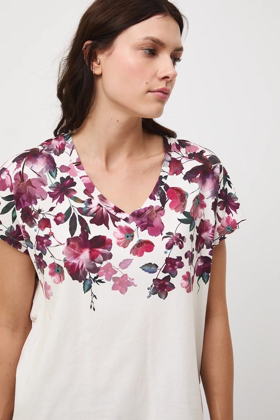 T-shirt bawełniany damski z elastanem w kwiaty beżowy RW25-TSD504