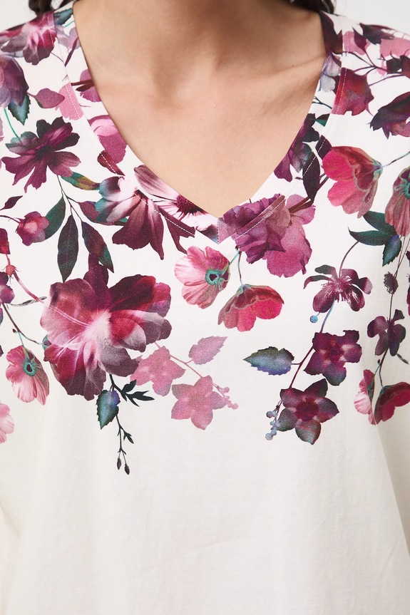 T-shirt bawełniany damski z elastanem w kwiaty RW25-TSD504 beżowy