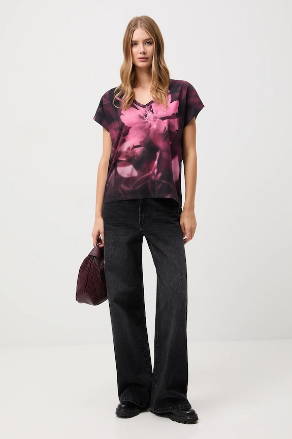 T-shirt bawełniany damski z elastanem w kwiaty RW25-TSD504 czarny RW25
