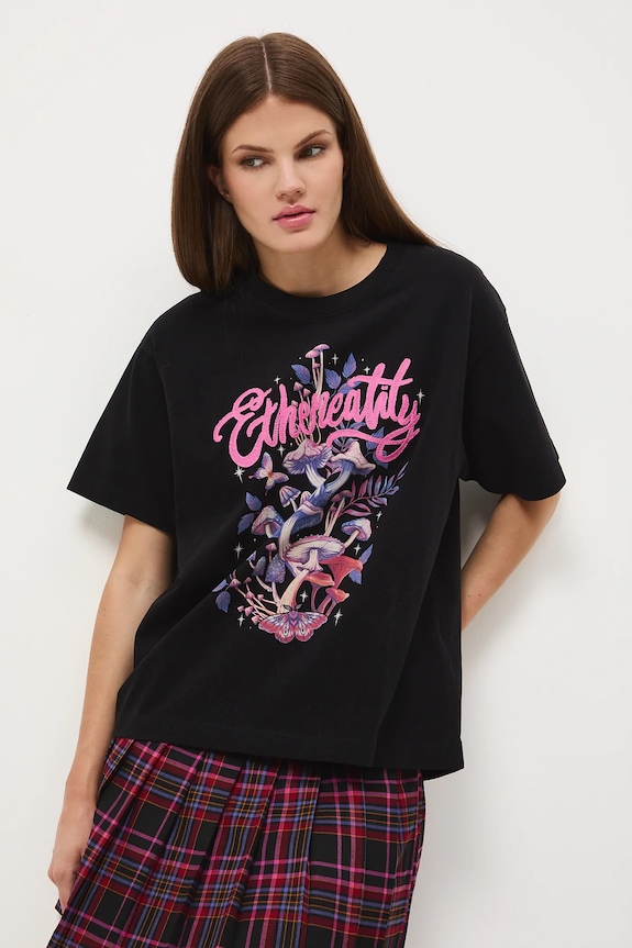 T-shirt bawełniany damski z nadrukiem i haftem okrągły czarny RW25-TSD602