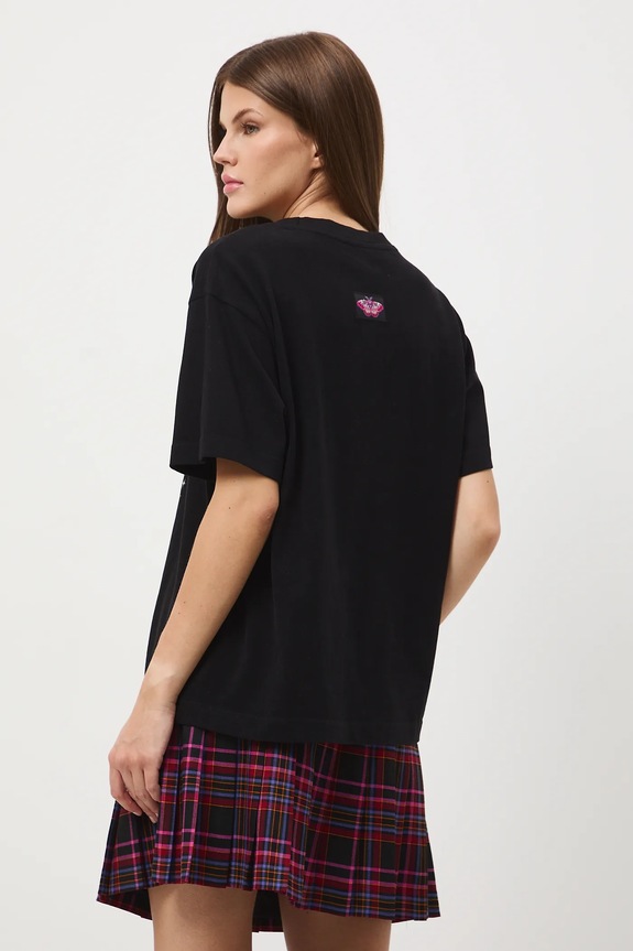 T-shirt bawełniany damski z nadrukiem i haftem RW25-TSD602 czarny