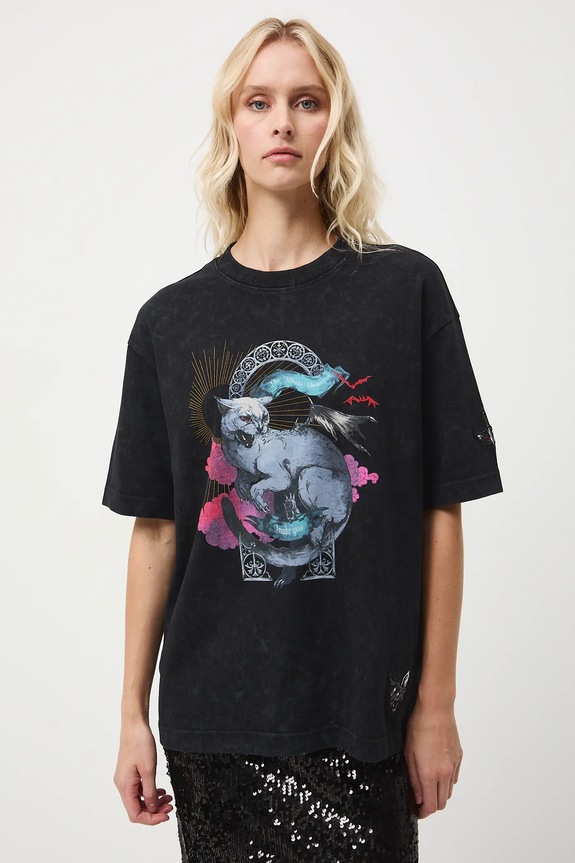 T-shirt bawełniany damski z nadrukiem i aplikacją okrągły szary RW25-TSD701