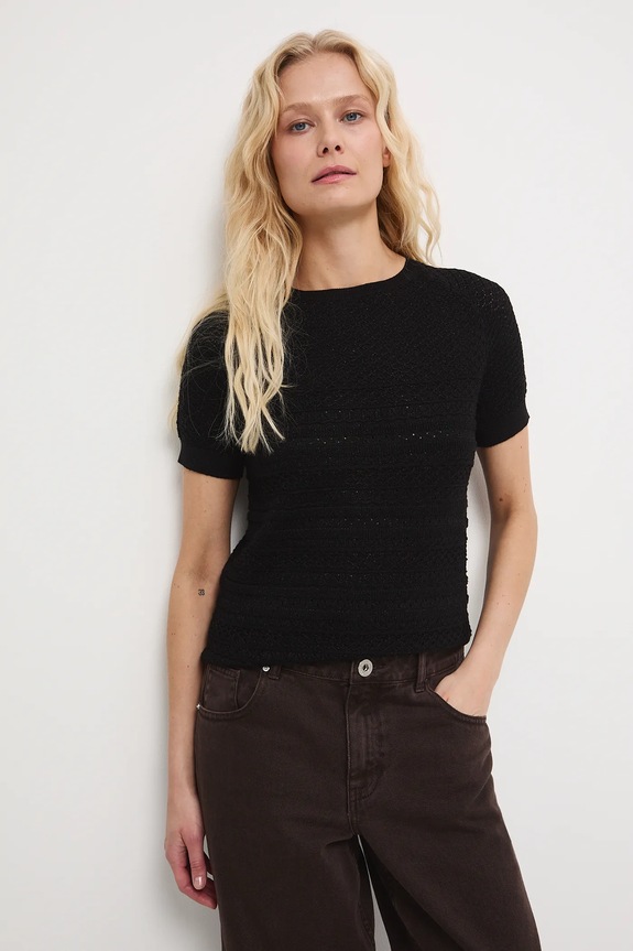 T-shirt damski ażurowy gładkie czarny RW25-TSDA00