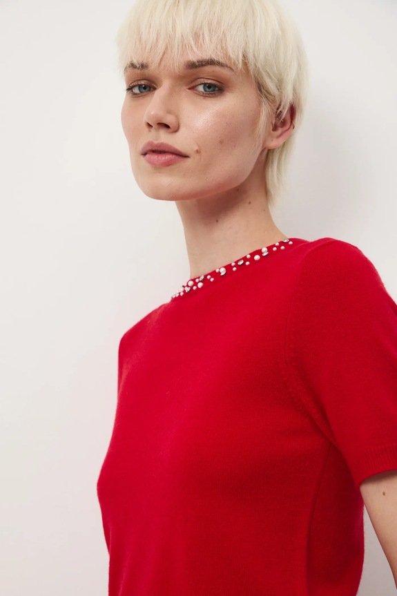 Tričko dámske s prímesou merino vlny a kašmíru slim červená RW25-TSDA02